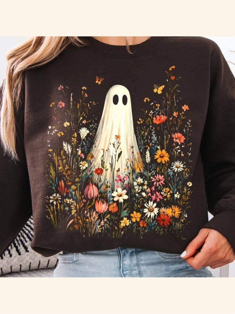 Wildflower Ghost Graphic Sweatshirt, Brown Halloween Shirt, Plant Lover Gift